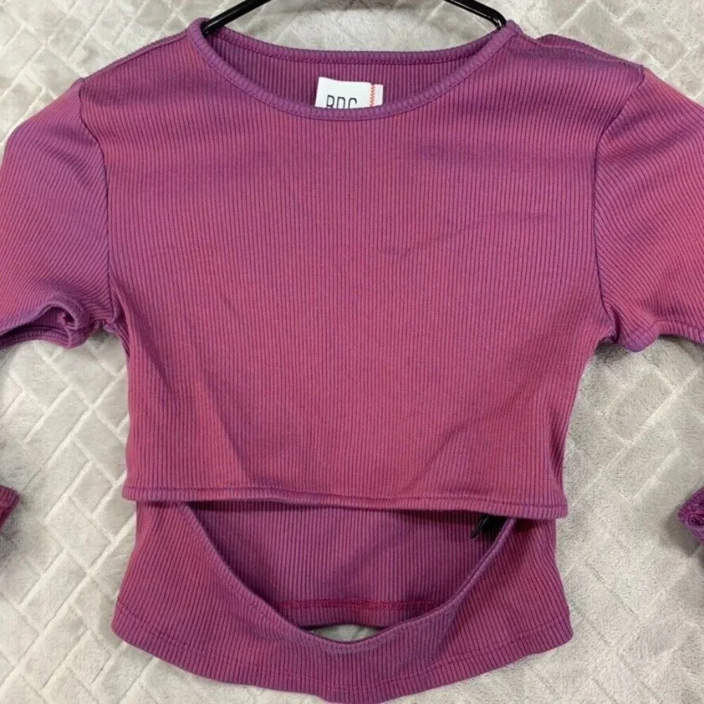 BDG Womans Small Crop Top Purple Long Sleeve Keyhole Open Barbie Clubbing Rave